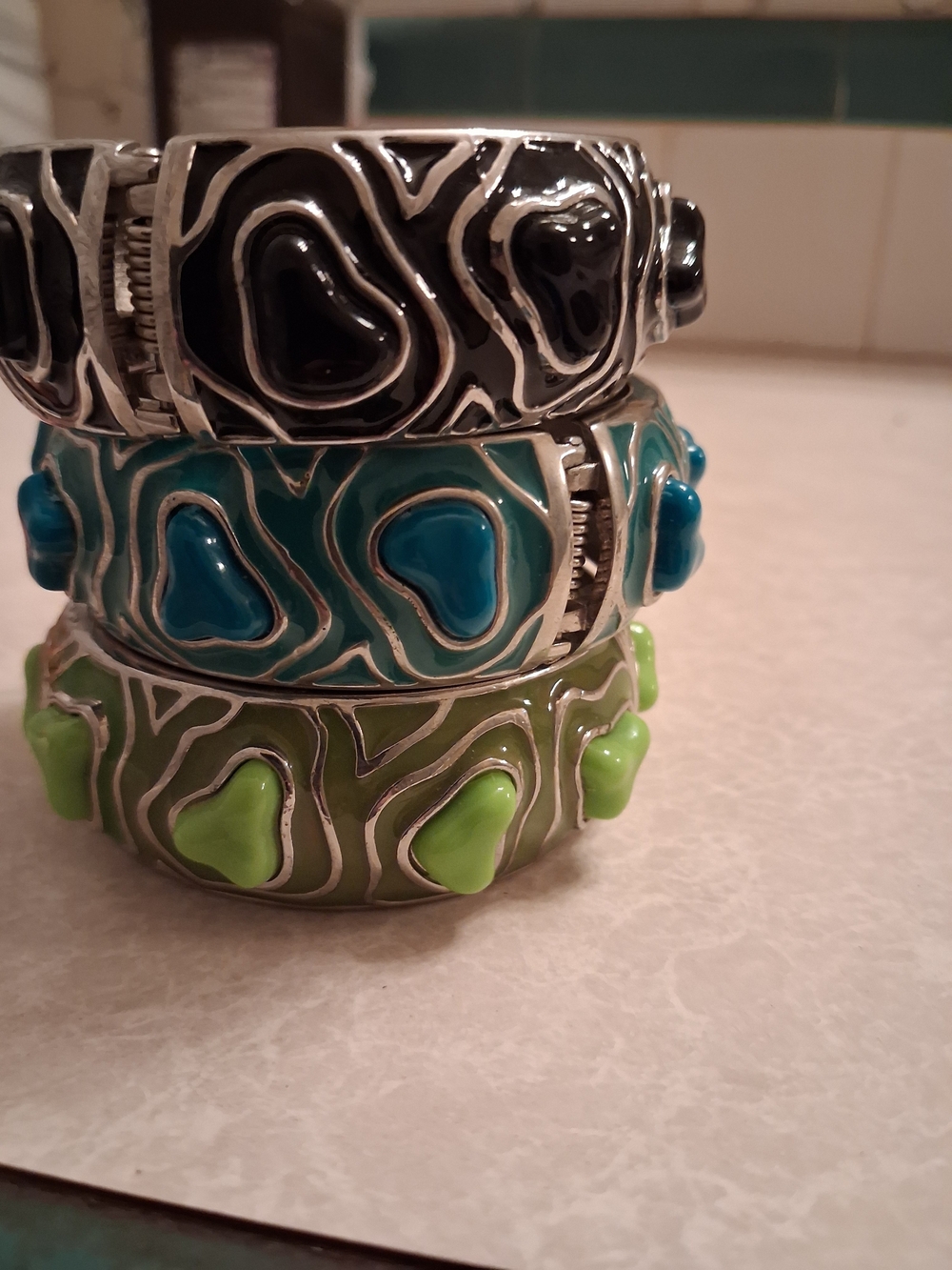 Set Of 3 Enamel and Silver Tone Accent Bracelets - Black, Teal, Lime